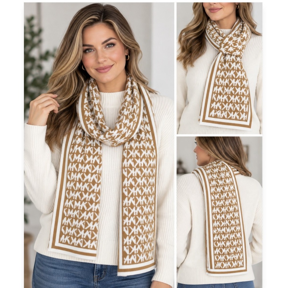 Michael Kors MK Logo Scarf Camel Cream White Logo Print Knit 60" Designer Preppy